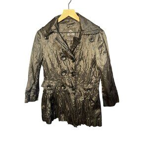 Dereon‎ Y2K Womens Double-Breasted Trench Coat Size L Black Satin-Like Finish